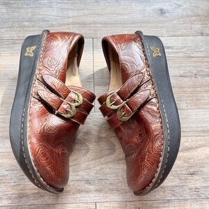 Alegria Tooled Leather Mary Jane Clogs Brown Floral Comfort Shoes Y2K 8.5 Vtg